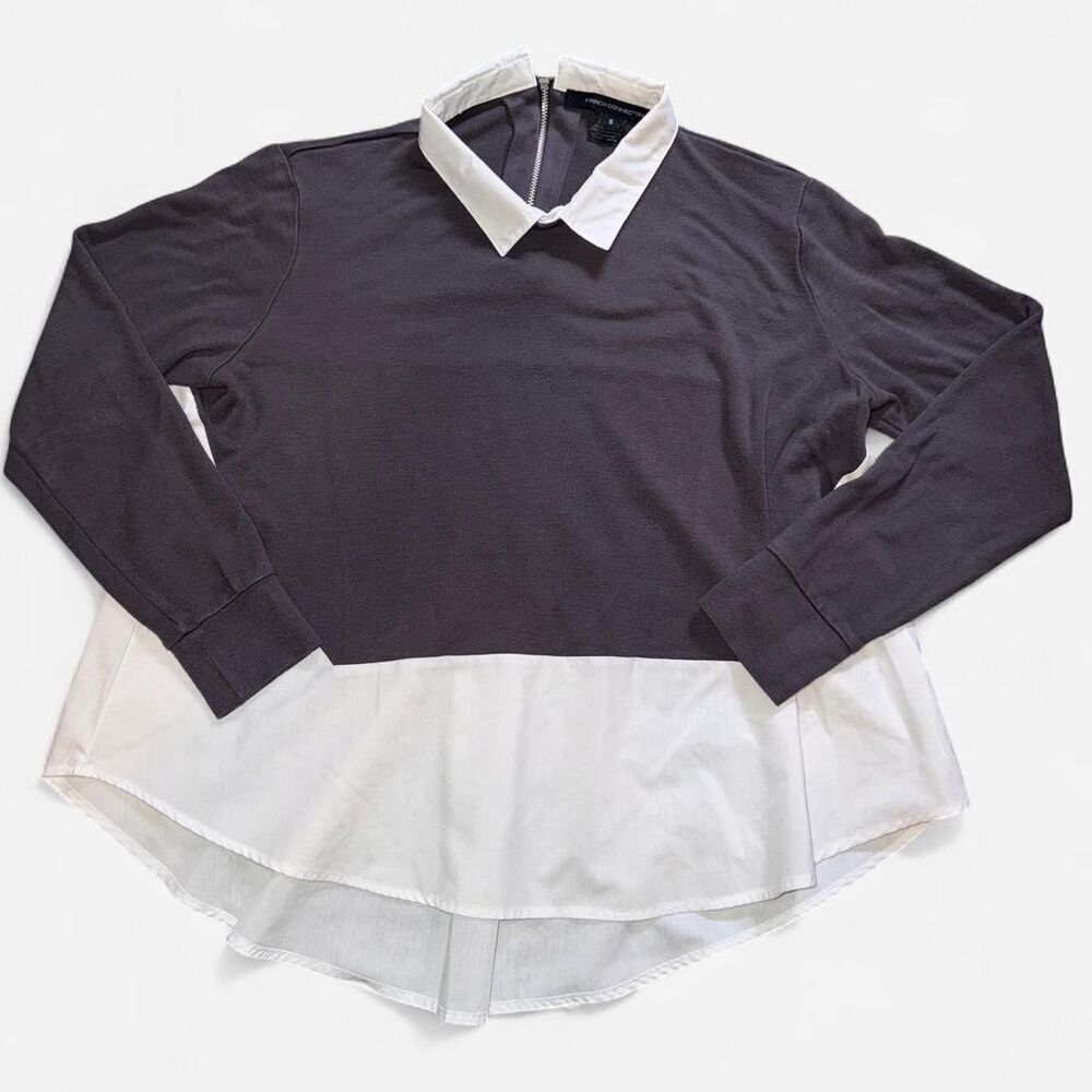 French Connection Grey and White Collared Blouse Top with Zipper Back (Size S)